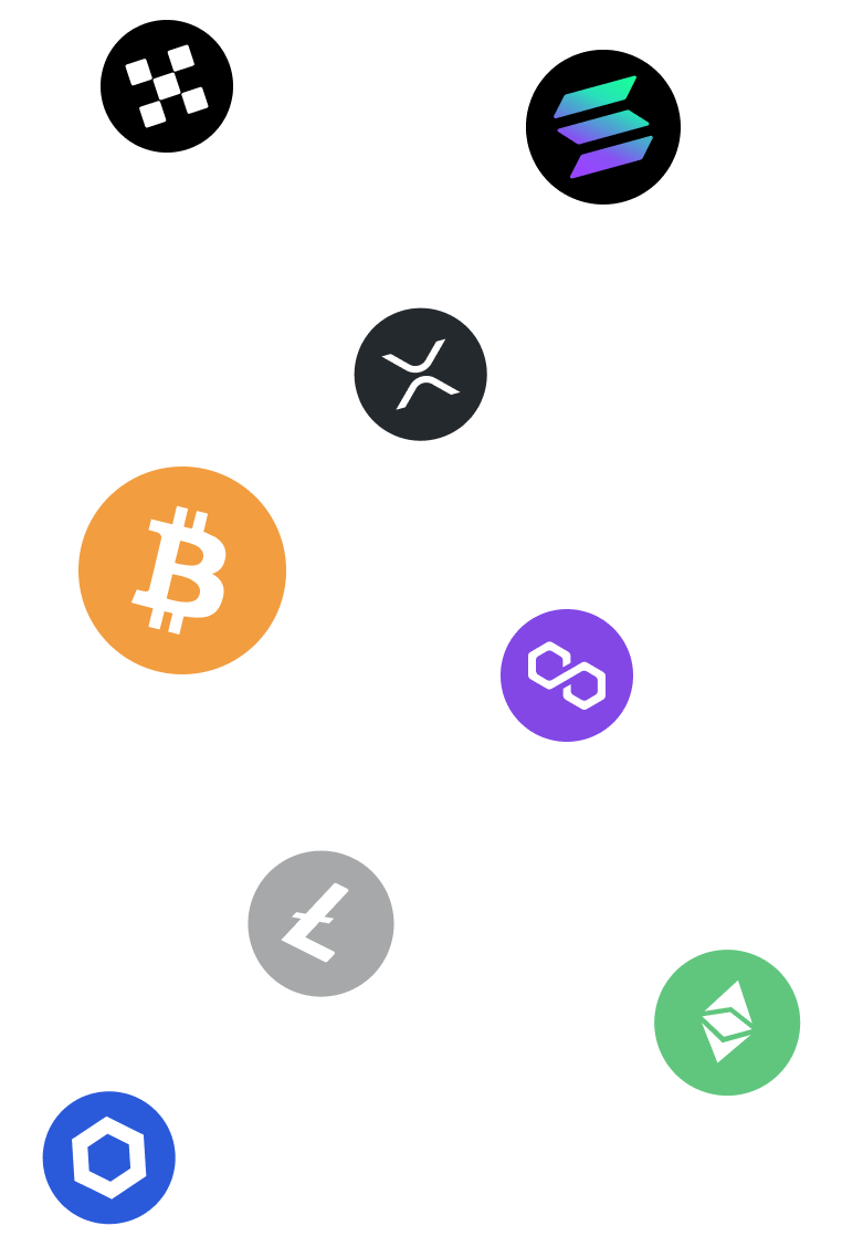 Collection of popular cryptocurrency coins supported by Trezor Wallet - left view