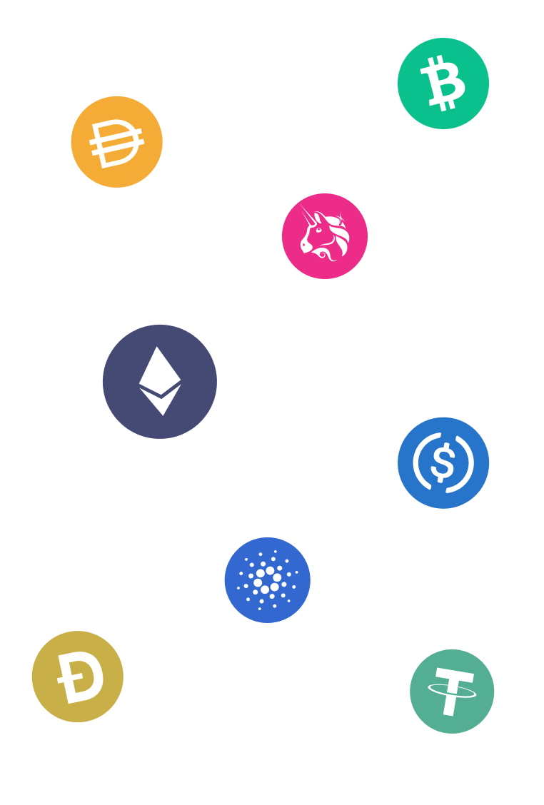 Collection of popular cryptocurrency coins supported by Trezor Wallet - right view